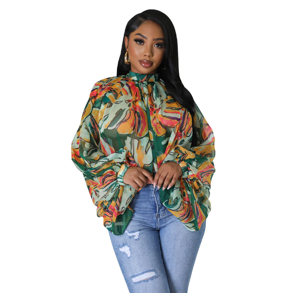 Women Lace Printing Chiffon Shirt Batwing Sleeve Top