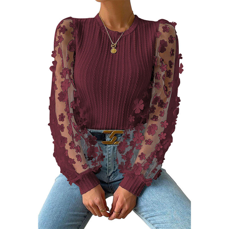 Women Mesh Small Floral Chiffon Long Sleeves Top
