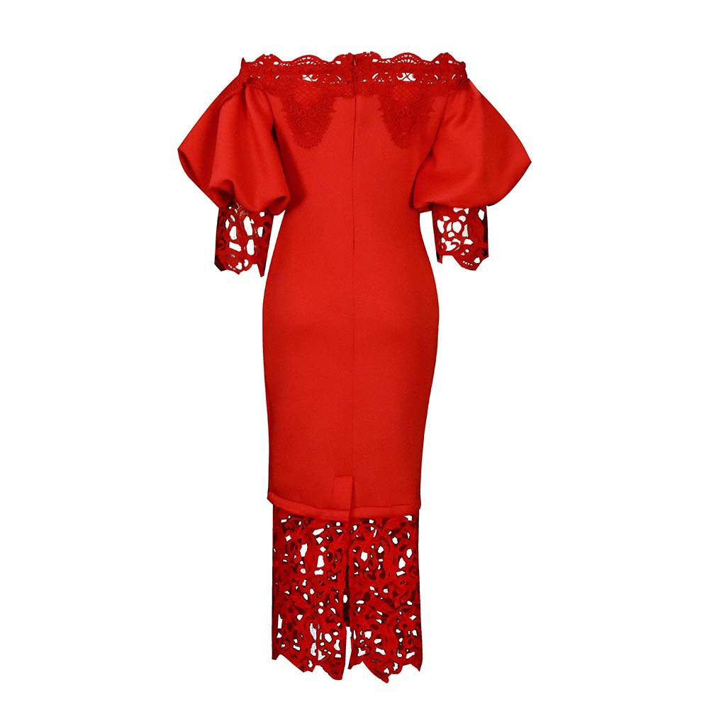 Elegant Lace Stitching Off Neck Dress