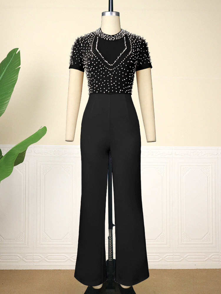 Short Sleeve Beaded Casual High Waisted Slimming Jumpsuit