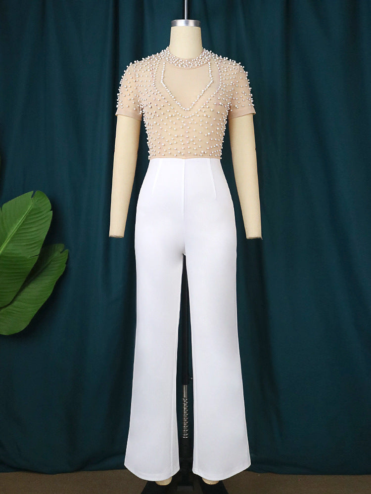 Short Sleeve Beaded Casual High Waisted Slimming Jumpsuit