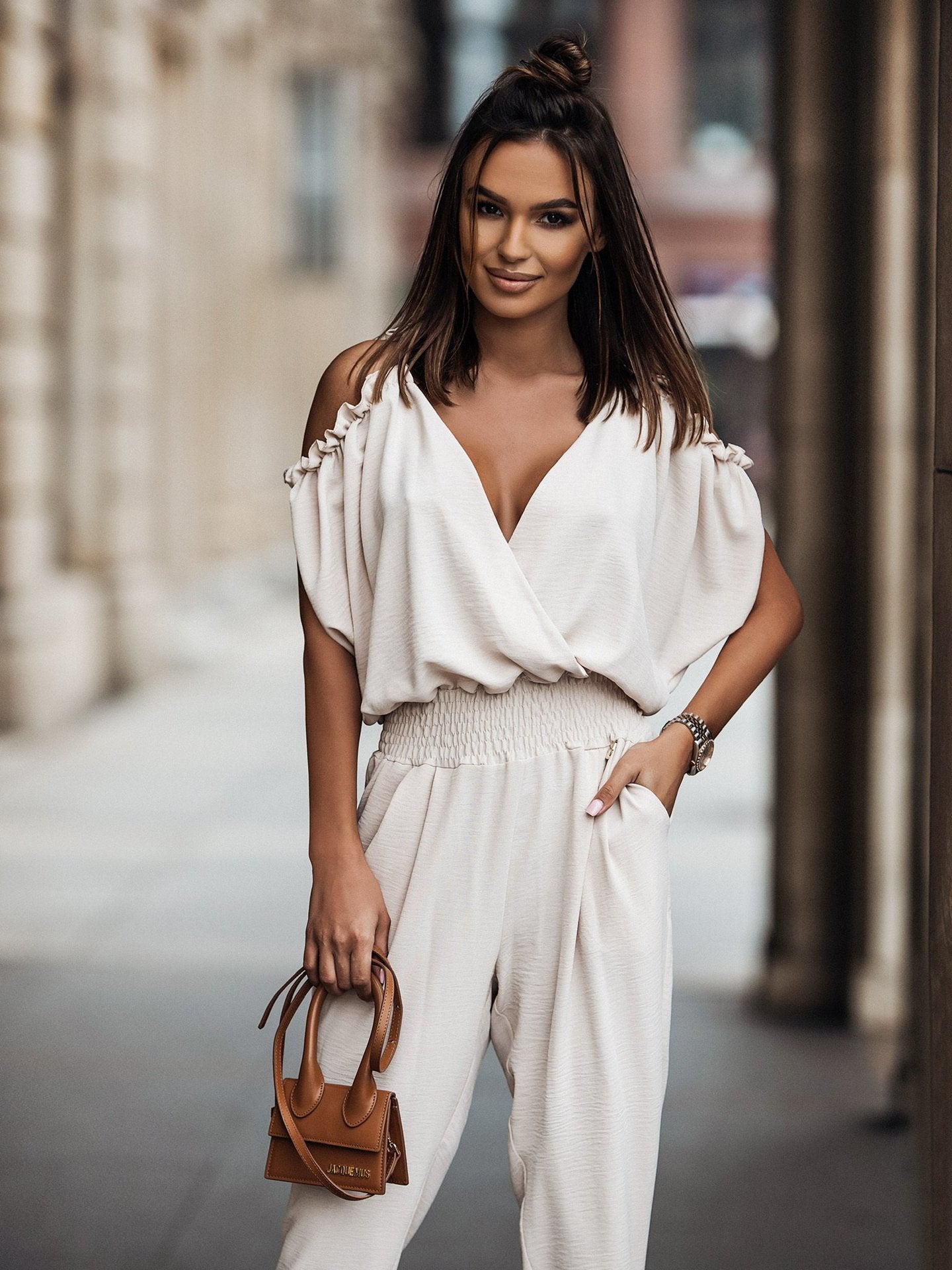 V neck Pocket Elastic Waist Jumpsuit