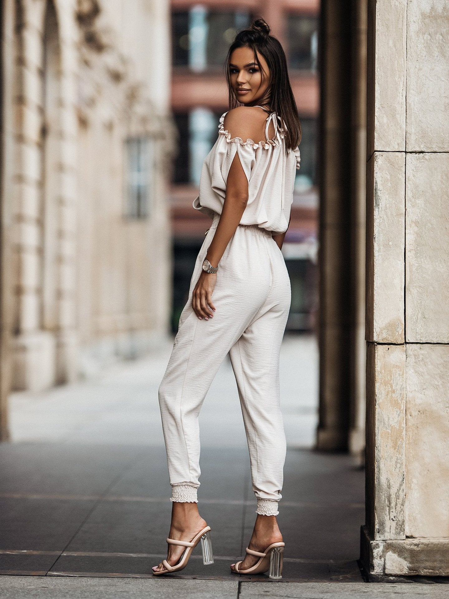 V neck Pocket Elastic Waist Jumpsuit