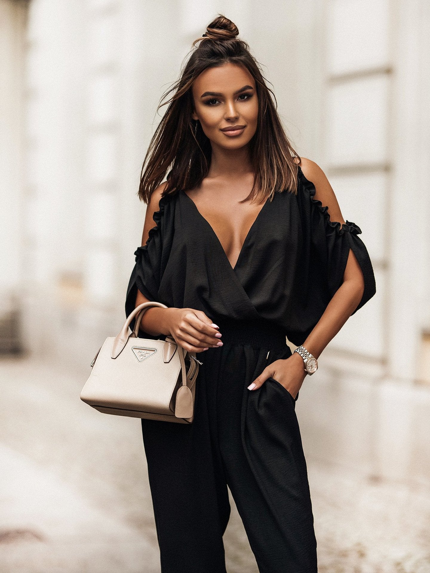 V neck Pocket Elastic Waist Jumpsuit
