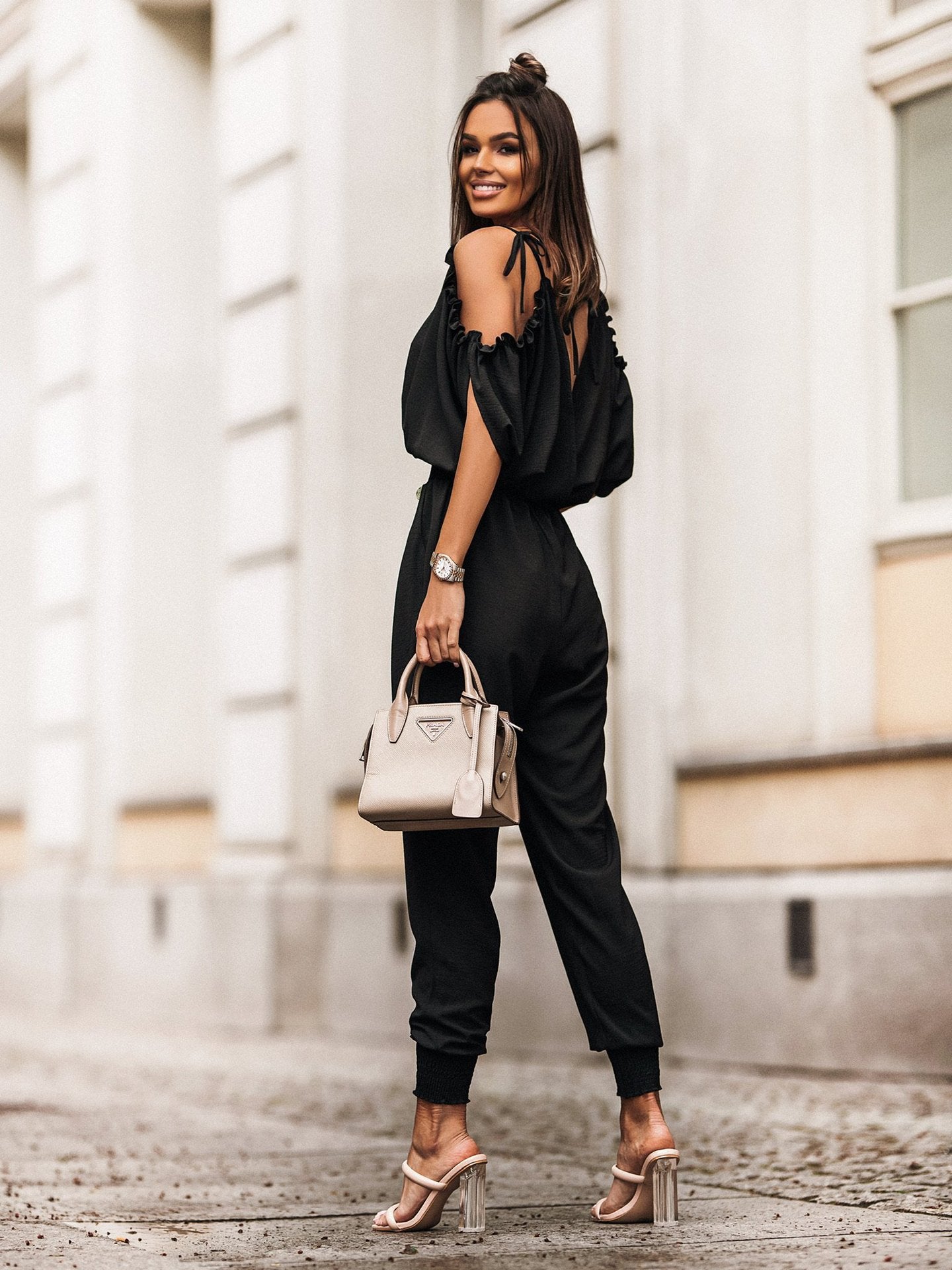 V neck Pocket Elastic Waist Jumpsuit