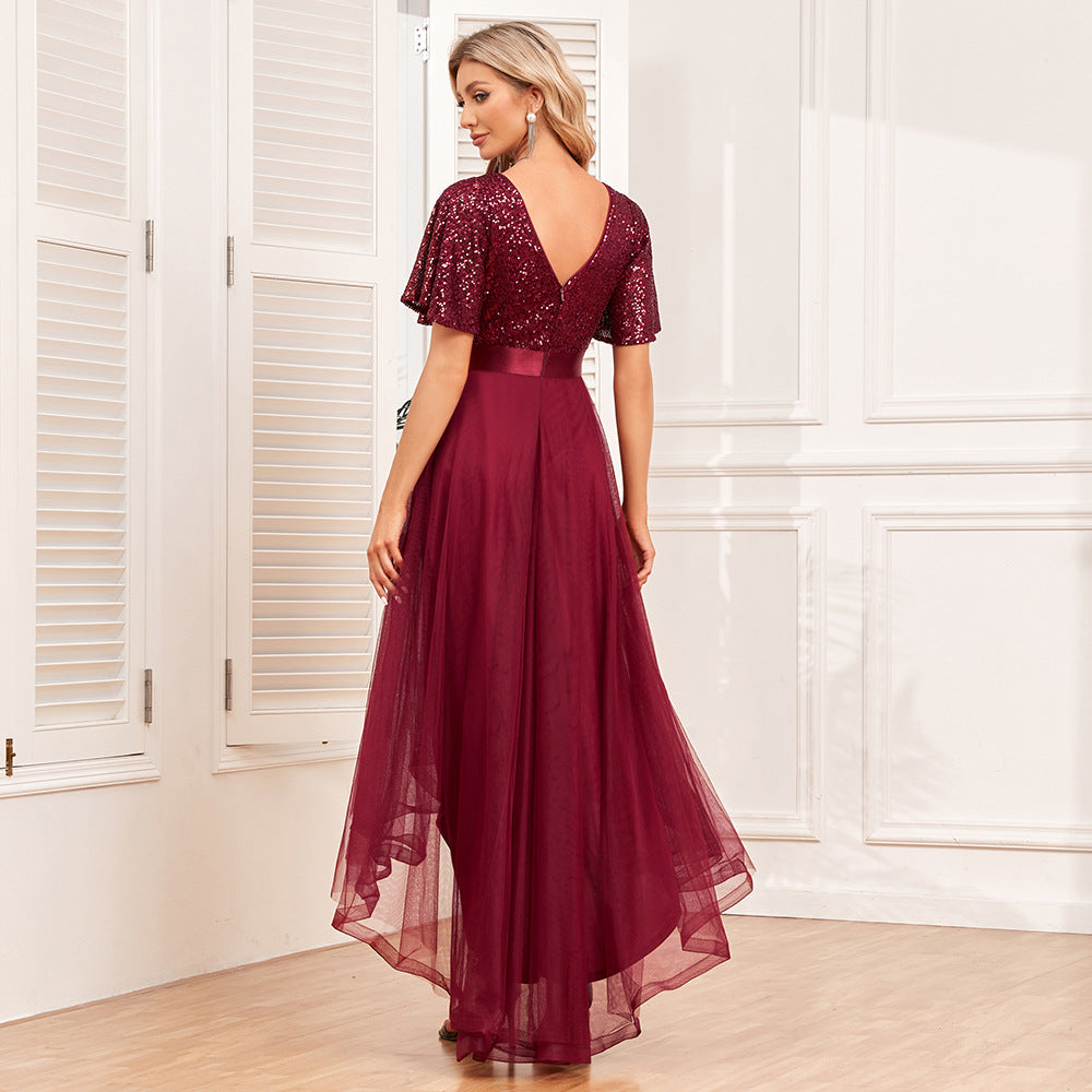 Elegant Elastic Waist V Neck Ruffled Short Sleeves Evening Dress