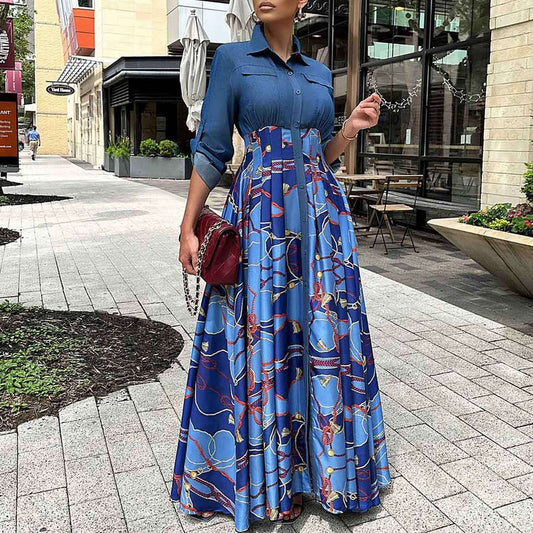 Denim Stitching Printing Maxi Dress