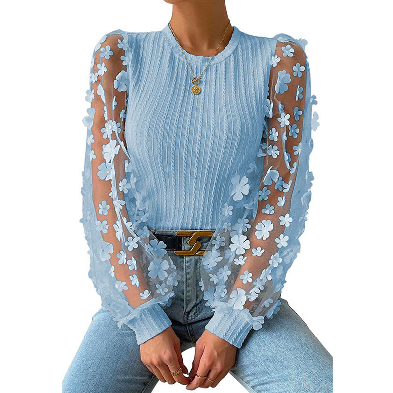 Women Mesh Small Floral Chiffon Long Sleeves Top
