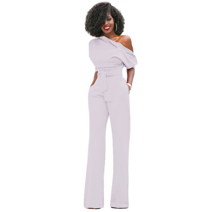 Classic Solid Color Diagonal Collar Jumpsuit