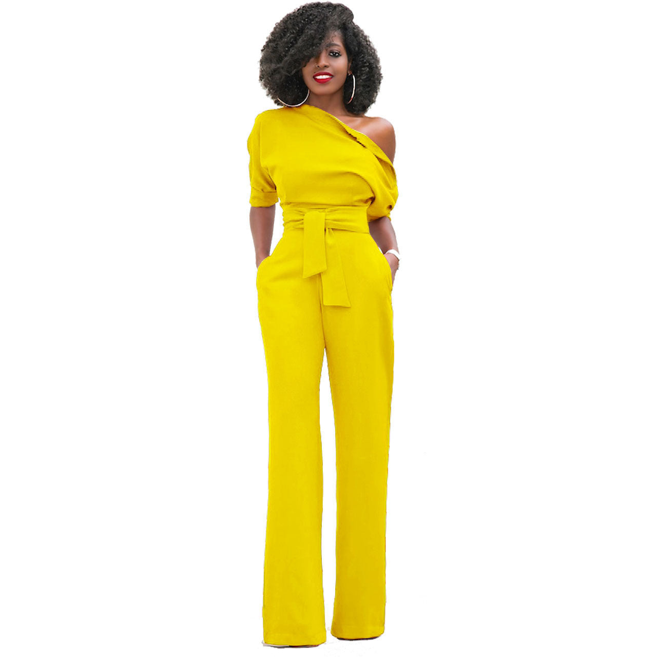 Classic Solid Color Diagonal Collar Jumpsuit