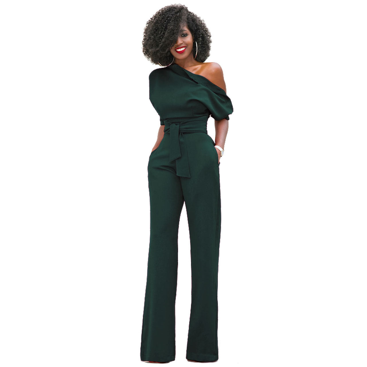 Classic Solid Color Diagonal Collar Jumpsuit