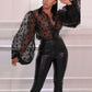 V Neck Organza Polka Dot Long Sleeve Puff See Trough Top