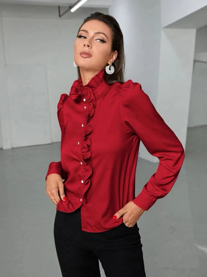 Women Shirt Autumn High Grade Acetate Fabric Shirt Half Sleeve Ruffled Straight Women Top