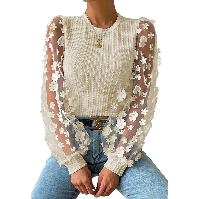 Women Mesh Small Floral Chiffon Long Sleeves Top