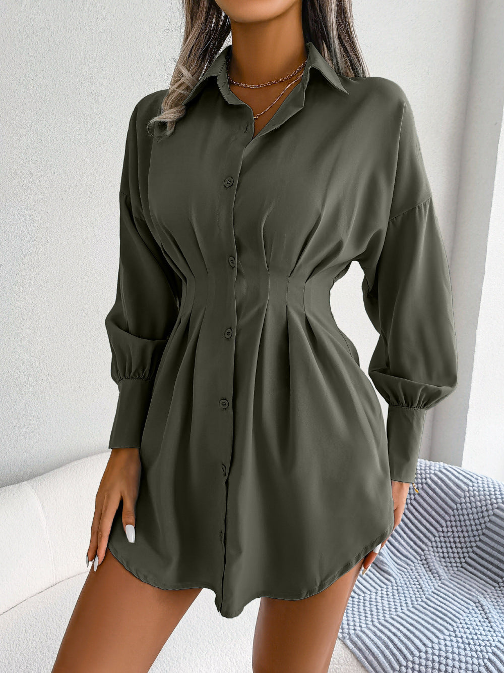 Casual Lantern Sleeve Waist-Tight Asymmetric Dress Shirt