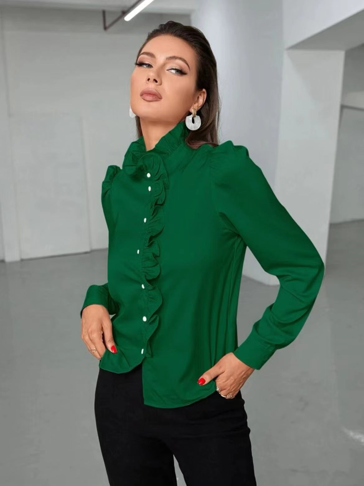 Women Shirt Autumn High Grade Acetate Fabric Shirt Half Sleeve Ruffled Straight Women Top