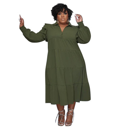 Plus Size Women Clothing Popular Lotus Leaf Shoulder Long Sleeve Layered Large Swing Dress