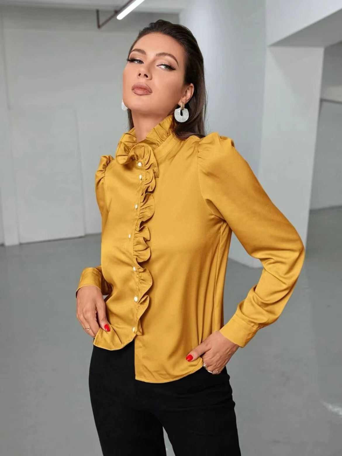 Women Shirt Autumn High Grade Acetate Fabric Shirt Half Sleeve Ruffled Straight Women Top