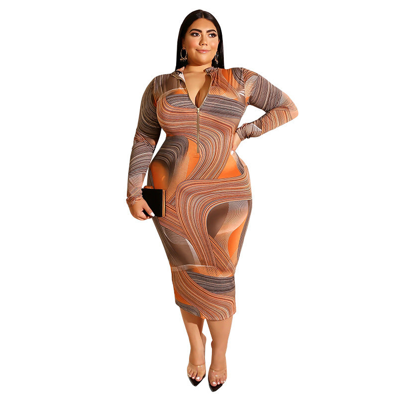 Plus Size Printed Skinny Sheath Zipper Front Back Wearable Dress