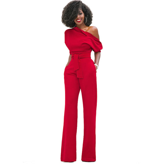 Classic Solid Color Diagonal Collar Jumpsuit