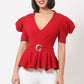 Draped Puff Shoulder Fashion Top With G Buckle Detail
