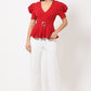 Draped Puff Shoulder Fashion Top With G Buckle Detail