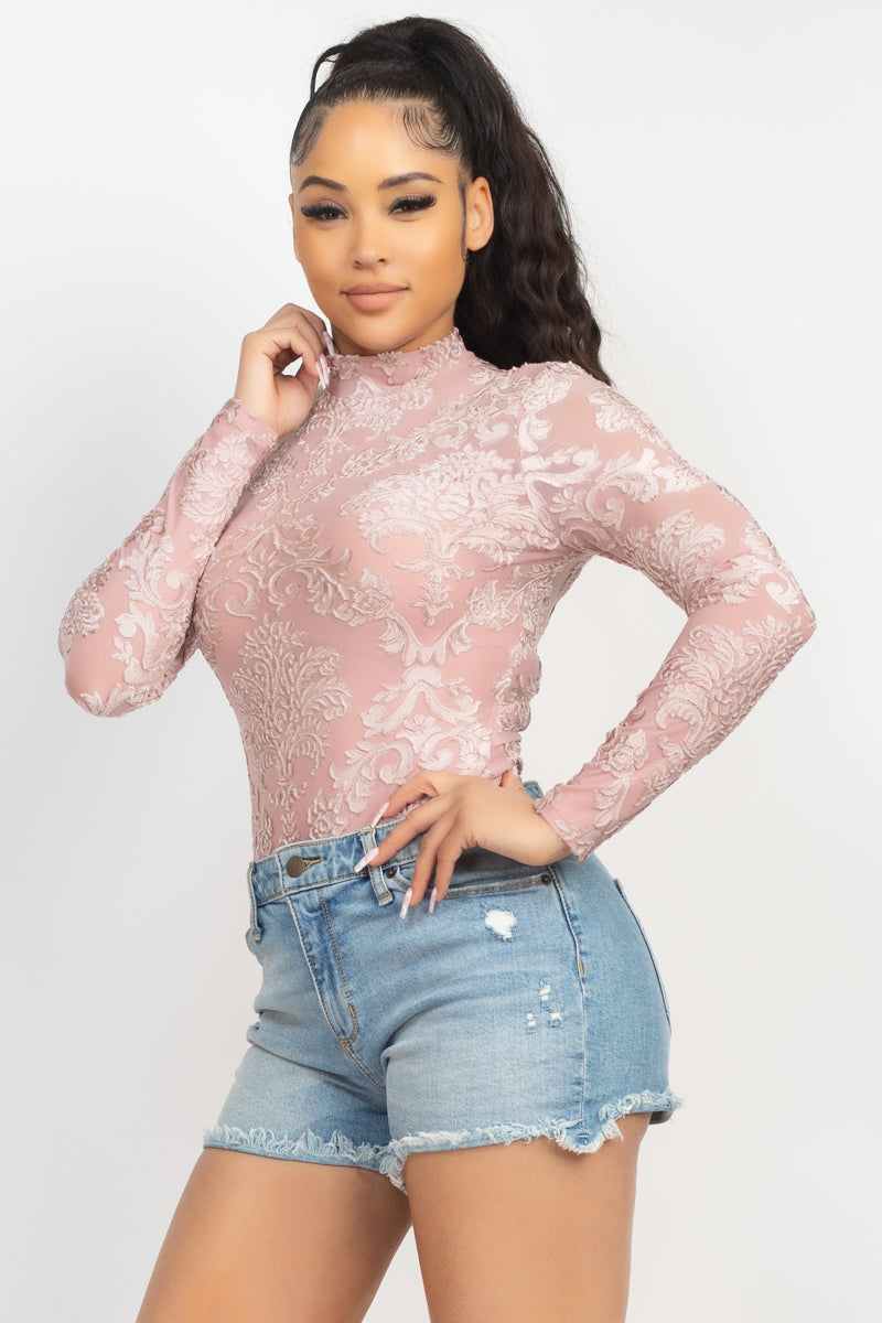 Embroidered Mock Neck Keyhole Bodysuit