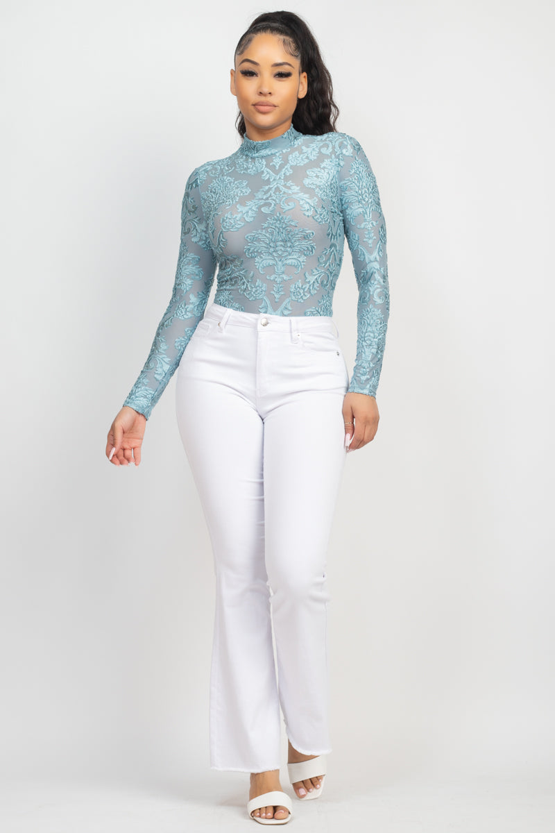 Embroidered Mock Neck Keyhole Bodysuit