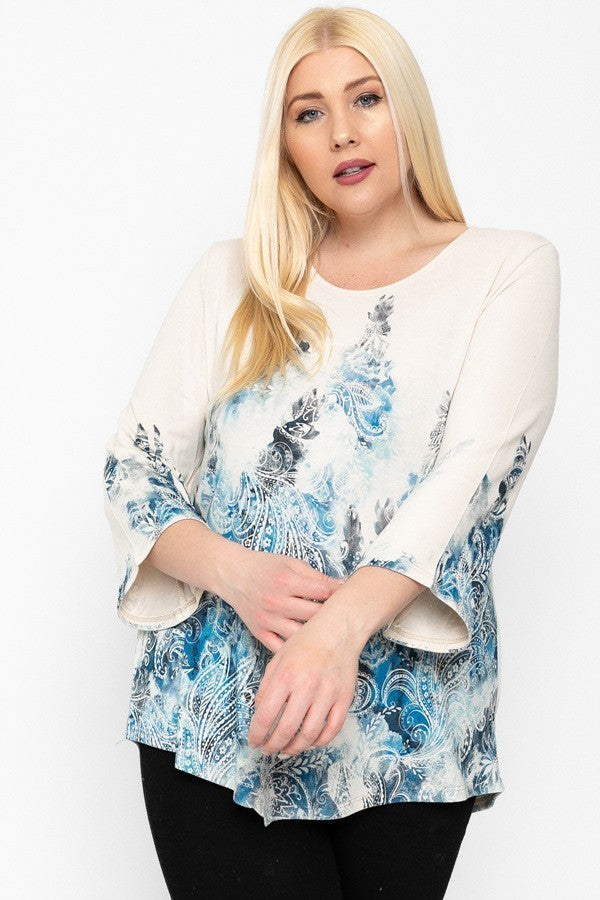 Print Top Featuring A Round Neckline And 3/4 Bell Sleeves