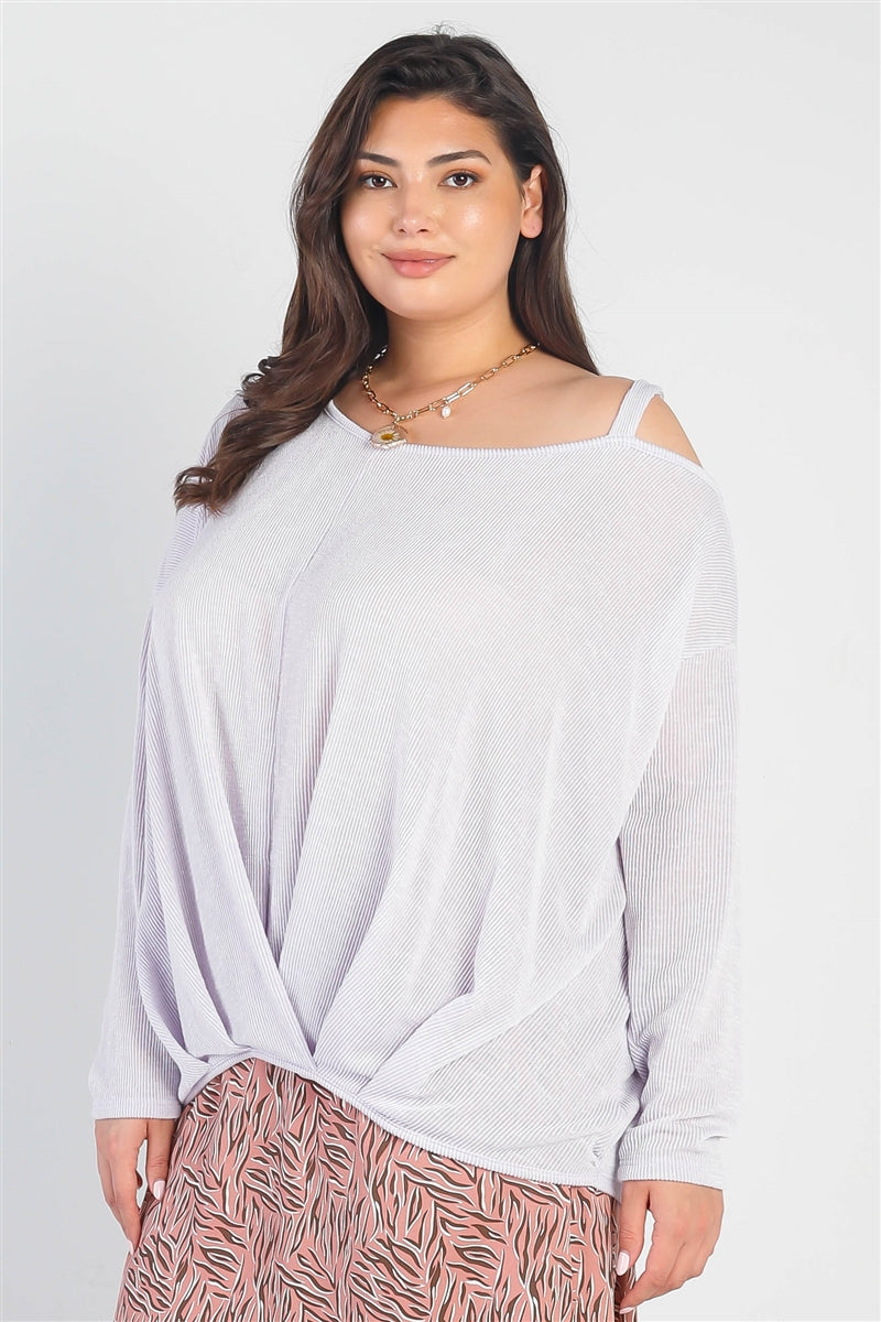 Plus Lavender Ribbed Cold Shoulder Hem Draped Detail Top