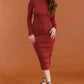 Brick Satin Effect Ruched Turtle Neck Open Back Midi Dress