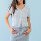 Light Blue Floral Embroidered Button-up Collared Neck Short Sleeve Top