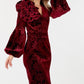 Flower Patch Flocked Velvet Fitted Midi Dress With Puff Sleeves