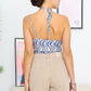 Cream & Blue Wave Print Mesh Asymmetrical Neck Self-tie Strap Bodysuit