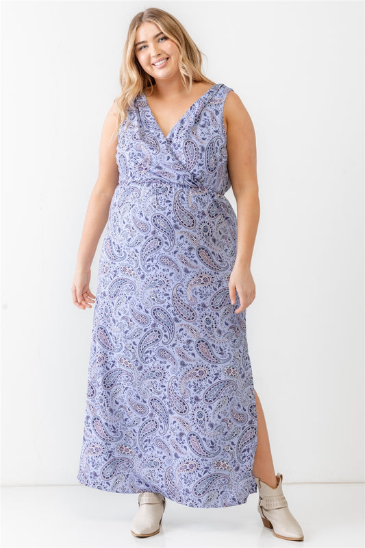 Plus Lavender Paisley Wrap V-neck Sleeveless Midi Dress