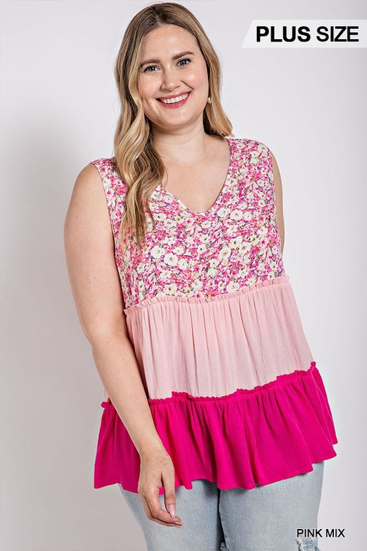 Floral Color Block Ruffle Detail Tiered V-neck Top