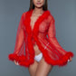 Sheer Short Length Robe With Marabou Feather Trim. Includes Thong
