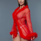 Sheer Short Length Robe With Marabou Feather Trim. Includes Thong