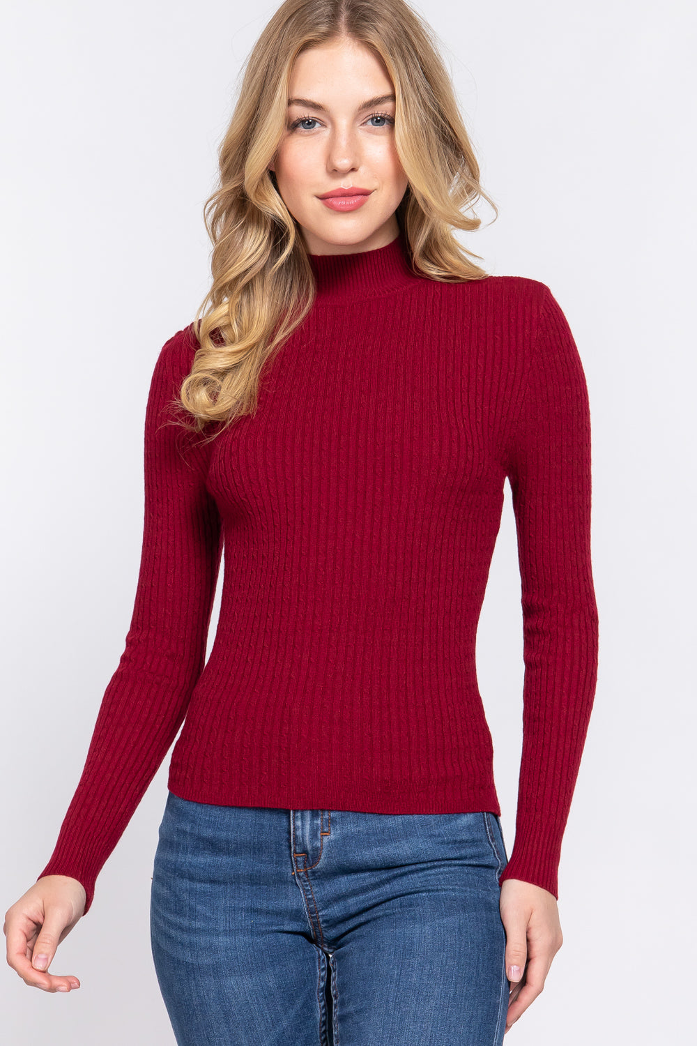 Long Slv Mock Neck Rib Sweater