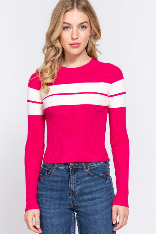 Long Slv Stripe Rib Sweater