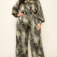 Satin Leopard Long Sleeve Button Down Palazzo Jumpsuit