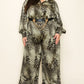 Satin Leopard Long Sleeve Button Down Palazzo Jumpsuit
