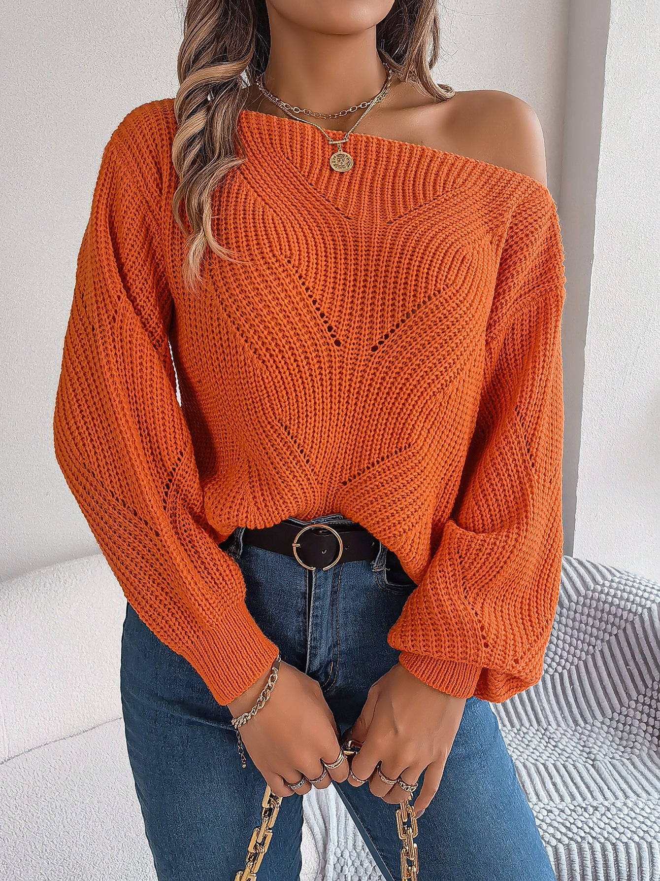 Autumn Winter Casual Hollow Out Cutout out off Neck off the Shoulder Lantern Sleeve Sweater Women Clothing