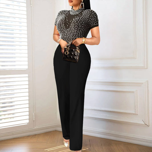 Short Sleeve Beaded Casual High Waisted Slimming Jumpsuit