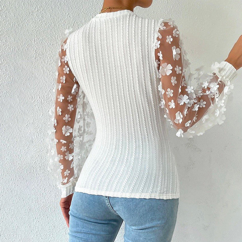 Women Mesh Small Floral Chiffon Long Sleeves Top