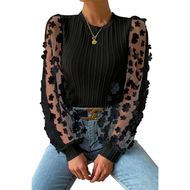 Women Mesh Small Floral Chiffon Long Sleeves Top