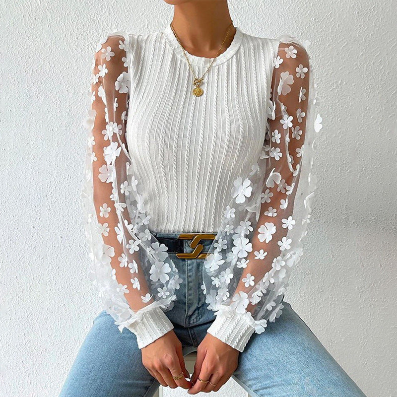 Women Mesh Small Floral Chiffon Long Sleeves Top