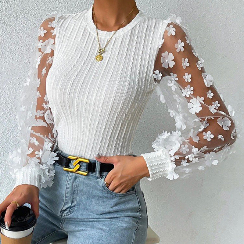 Women Mesh Small Floral Chiffon Long Sleeves Top