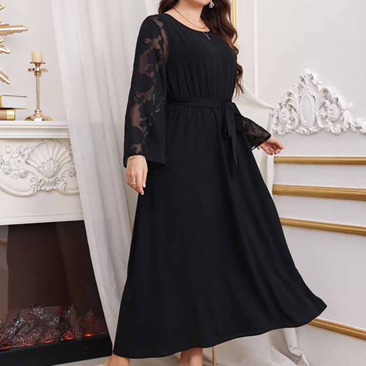 Plus Size High Waist Black Polka Dot Elastic Waist Printing Dress Women