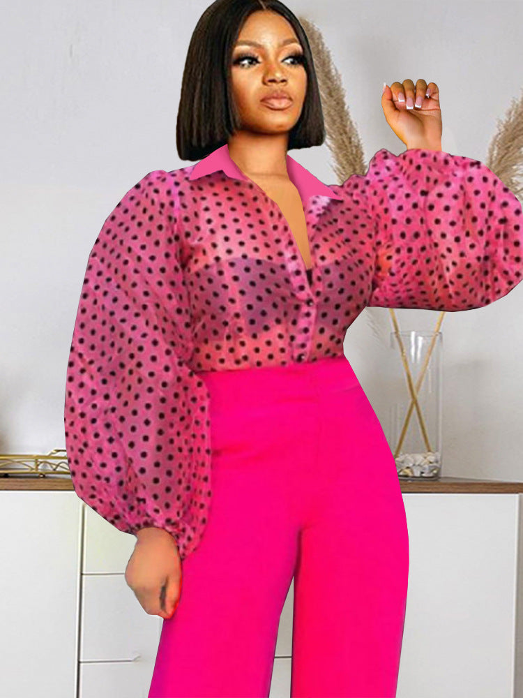 V Neck Organza Polka Dot Long Sleeve Puff See Trough Top